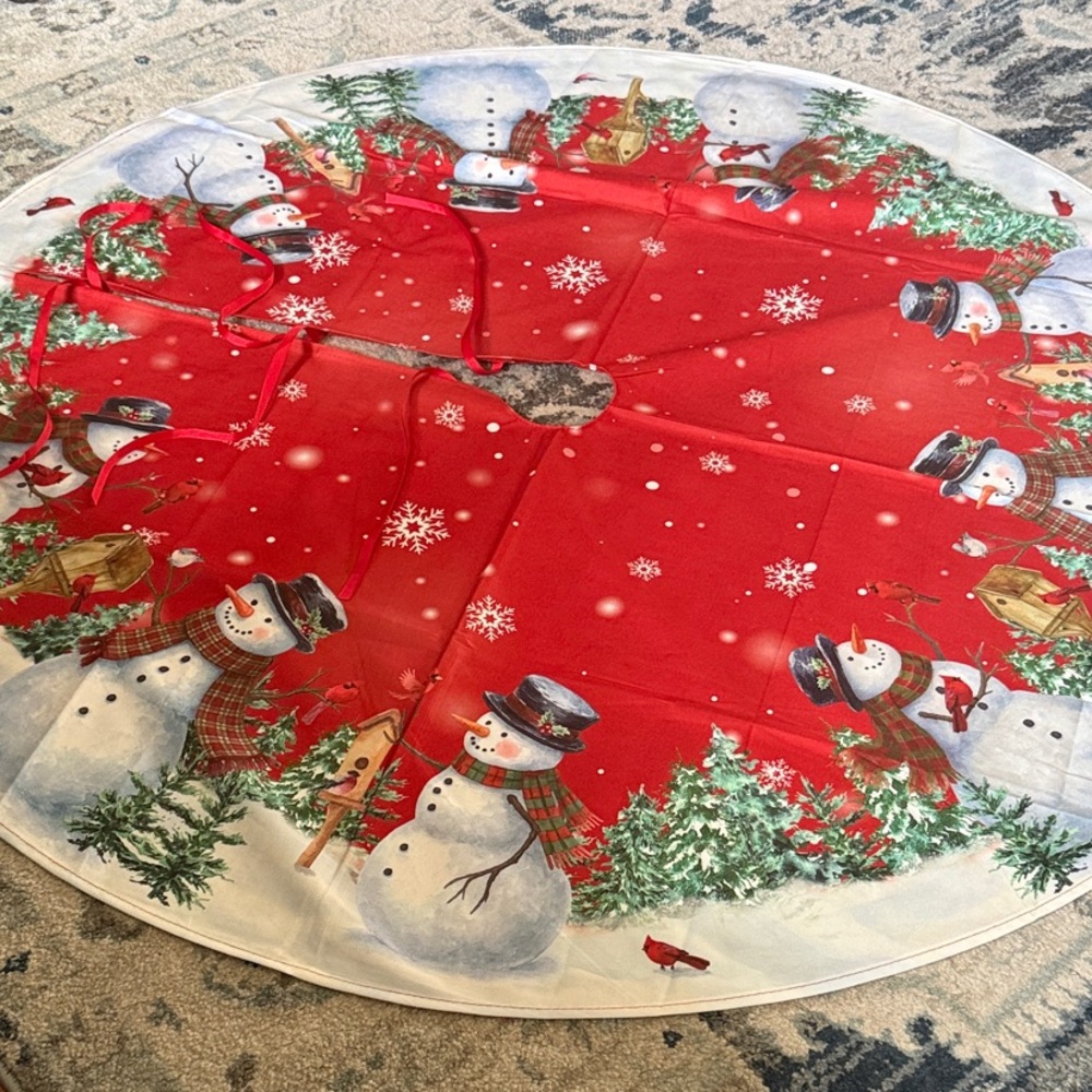 Festive Snowman Christmas Tree Skirt - Red and White  48” x 48”